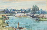 Riverside village by Lamorna Birch, 1947, watercolour, sold Jul 2023