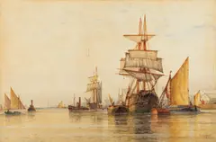 Shipping on the Thames by Frederick James Aldridge, watercolour, sold Jul 2023