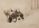 Hunting hounds by Withdrawn Maud Earl, pencil and ink, offered Jul 2023