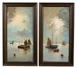 Seascapes with fishing boats by Chris Curtis, oil, offered Jun 2023