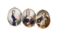 A group of three portrait miniatures of naval officers by Michael Bartlett Rms, 1996, oil, sold May 2023