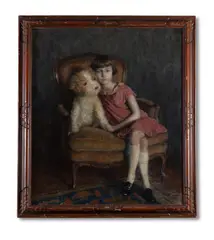 Portrait of a girl with a toy dog by Rene Marie Joly de Beynac, oil, sold Apr 2023