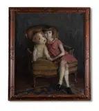 Portrait of a girl with a toy dog by Rene Marie Joly de Beynac, oil, sold Apr 2023