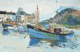 Boats anchored at the shore by Fred Yates, Oil on board, sold Mar 2023
