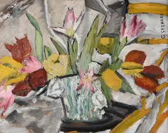 Still life of flowers in a vase by Gilbert Spencer, Oil on boardSigned, sold Mar 2023