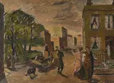 Study for a london street scene by Barnet Freedman, oil, sold Mar 2023