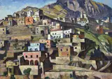 Greek village landscape by Adrian Allinson, oil, sold Mar 2023
