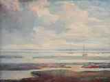 Keyhaven, hampshire by Walter James Steggles, Oil on canvas laid to board, sold Mar 2023
