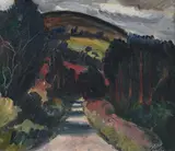 Pathway through the trees by Peter Collis, Oil on canvas with scratching out, sold Mar 2023