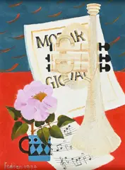 Don giovanni by mozart, still life with trumpet by Mary Fedden, 1994, Oil on canvas, sold Mar 2023