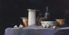 Still life with blue cloth by Martin Mooney, 1997, oil, sold Mar 2023