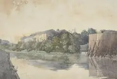 Engine sheds, regent's canal by Algernon Newton, 1923, ink and watercolour32, sold Mar 2023