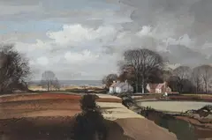 Farm cottages nestled within the landscape by Rowland Hilder, Watercolour and ink, heightened with white, sold Mar 2023