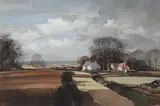 Farm cottages nestled within the landscape by Rowland Hilder, Watercolour and ink, heightened with white, sold Mar 2023