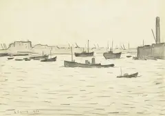 On the thames at greenwich by L. S. Lowry, 1960, drawing, sold Mar 2023