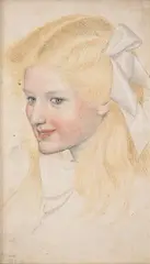 Portrait of a girl with white ribbon by Joseph Southall, drawing, offered Mar 2023