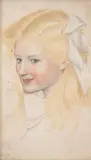 Portrait of a girl with white ribbon by Joseph Southall, drawing, offered Mar 2023