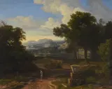 Figures in an italianate landscape by Johannes Glauber, 1688, oil, sold Mar 2023