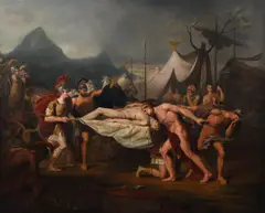Bearing the dead body of patroclus to the camp by Thomas Douglas Guest, 1805, Oil on canvasSigned and dated, sold Mar 2023
