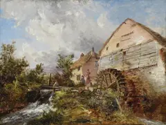 Figures by an old mill by Frederick Richard Lee, oil, sold Mar 2023