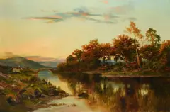 An extensive river landscape by Daniel Sherrin, oil, sold Mar 2023