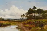Figures in an extensive landscape by Daniel Sherrin, oil, sold Mar 2023