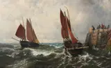 Herring boats going to sea, peel harbour, isle of man by Thomas Rose Miles, oil, sold Mar 2023