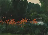 Kniphofia by a lake in a wooded garden by Herbert Arnould Olivier, oil, sold Mar 2023