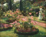 Figures in a rose garden by Herbert Arnould Olivier, oil, sold Mar 2023