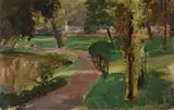 A formal garden, possibly kew by Herbert Arnould Olivier, oil, sold Mar 2023