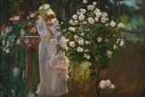 The artist's wife in a rose garden by Herbert Arnould Olivier, oil, sold Mar 2023