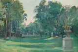 An urn on a pedestal in a garden by Herbert Arnould Olivier, oil, sold Mar 2023