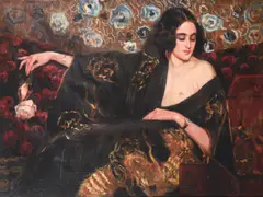 Portrait of a lady holding a pink rose by Alejandro Christophersen, oil, sold Mar 2023
