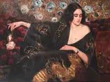 Portrait of a lady holding a pink rose by Alejandro Christophersen, oil, sold Mar 2023