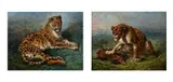 A leopard in a clearing; a leopard with a boar by Ernest Henri Griset, 1890, oil, sold Mar 2023