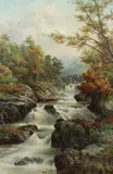 Falls on the Llugy in Low Capel Curig, N. Wales, Autumn by William Henry Mander, oil on canvas, sold Oct 2023