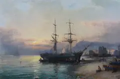 Beached merchant ship unloading the hold with figures on the shore at by Hubert Thornley, Oil on canvas relined within the past, sold Oct 2023