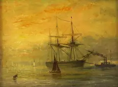 Steam tug towing a warship into harbour at sunsetoil on wooden by Adolphus Knell, oil on wood, sold Oct 2023