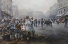 Street scene with figures beside a flower selleroil on wooden by Emil Barbarini, oil on wood, sold Oct 2023