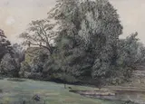 Landscape with trees by Charles Ginner Nea, ink and watercolour, sold Oct 2023