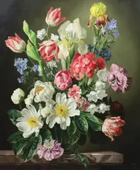Peonies, Tulips and Iris by Gerald Cooper, oil on board, sold Oct 2023