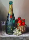 1982 Moet & Chandon with strawberries and grapesoil on by Raymond Campbell, oil on canvas, sold Oct 2023