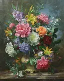 Summer flowers in a vase upon a ledgeoil on by Albert Williams, oil on canvas, sold Oct 2023