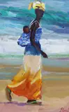 Caribbean mother and child on the seashore by Jeffrey Pratt, oil on board, sold Oct 2023