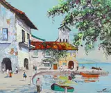 Mediterranean harbour sceneoil on by Cecil Rochfort D'Oyly-John, oil on board, sold Oct 2023
