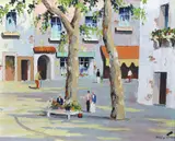 French Mediterranean town square with flower by Cecil Rochfort D'Oyly-John, oil on canvas, sold Oct 2023