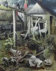 Fishermen’s hut at Cadgwithoil on canvassigned and by Mary Fedden Obe R.A. Pprwa, 1948, oil on canvas, sold Oct 2023