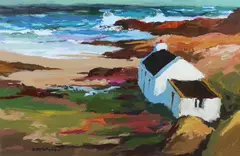 Cottages by the sea by Donald McIntyre R.I. R.Cam.A. S.M.A., acrylic on board, sold Oct 2023