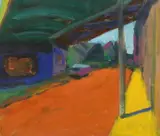 Abstract street scene by Anthony Frost, oil on board, offered Oct 2023