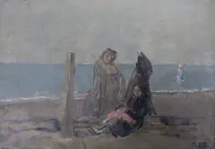 Figures on Brighton Beach 1922 by Rodney Joseph Burn, oil on canvas, sold Oct 2023